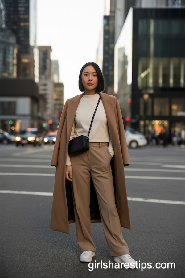 Camel Coat Wide-Leg Trousers