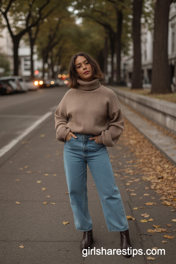 Chunky Beige Turtleneck and High-Waisted Jeans