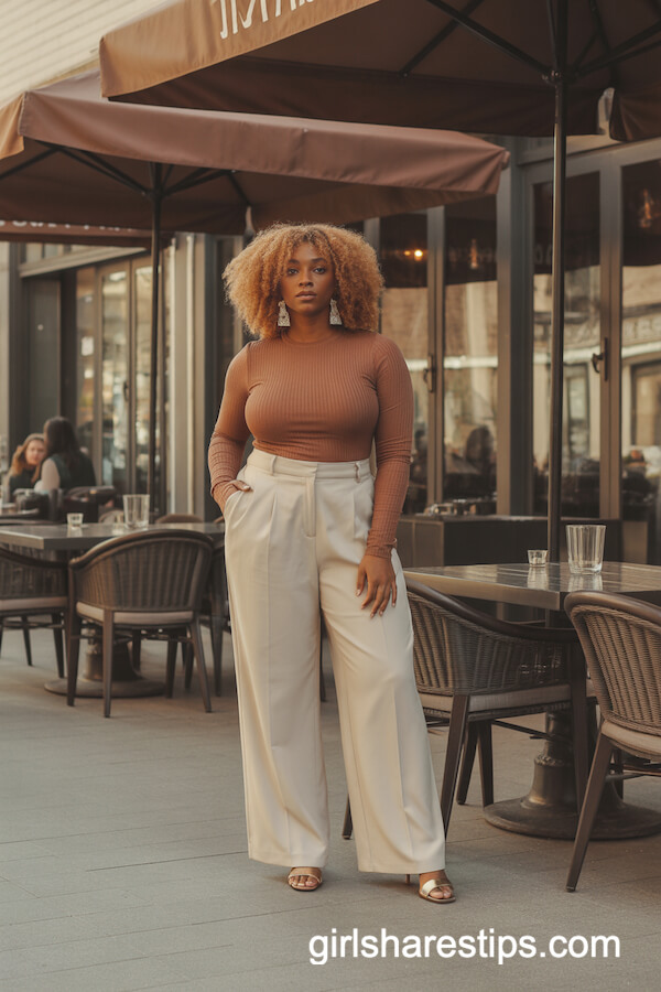 Rust Ribbed Top with Wide-Leg Trousers