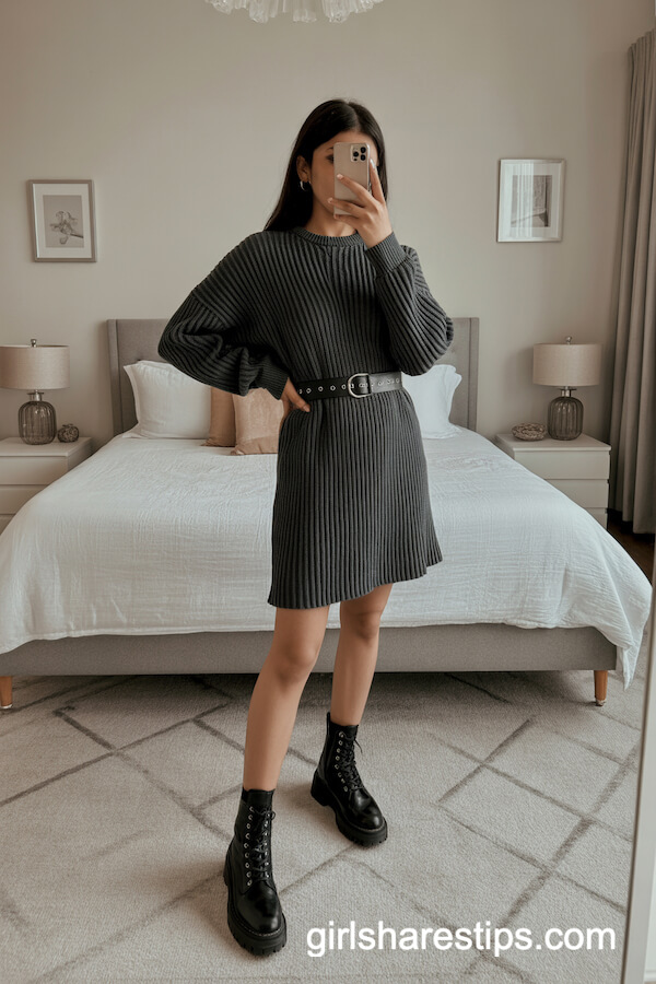 Belted Charcoal Sweater Dress with Lace-Up Boots