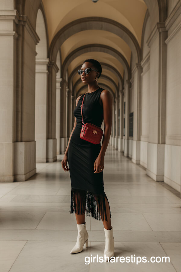 Sleeveless Black Midi Dress with Fringe Hem