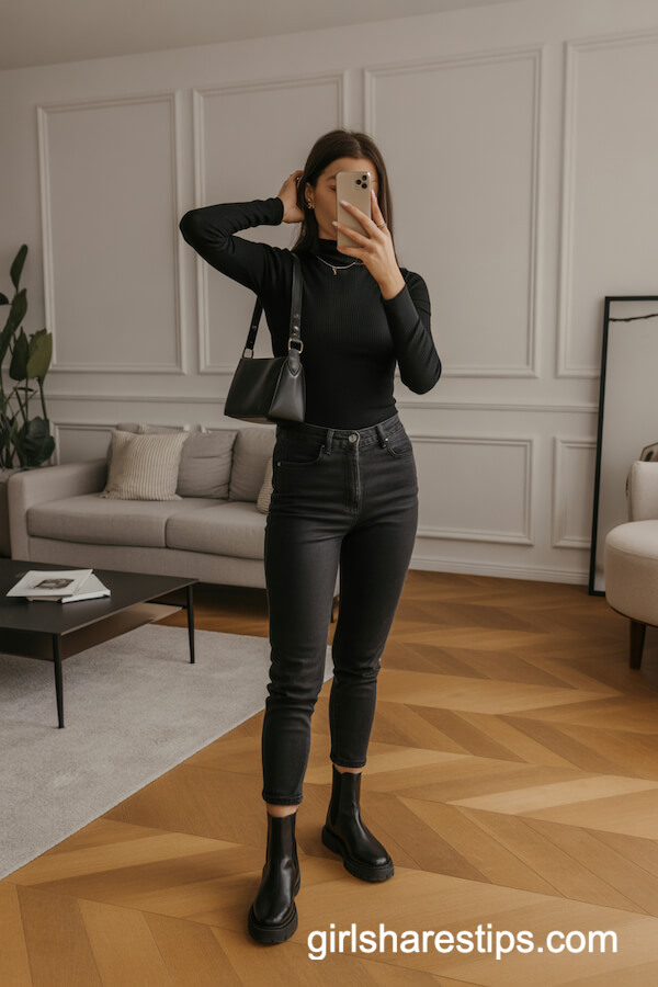 Black Turtleneck, Skinny Jeans, Chelsea Boots