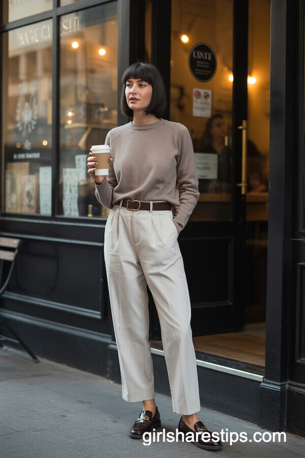 Taupe Cashmere Sweater with Off-White Trousers