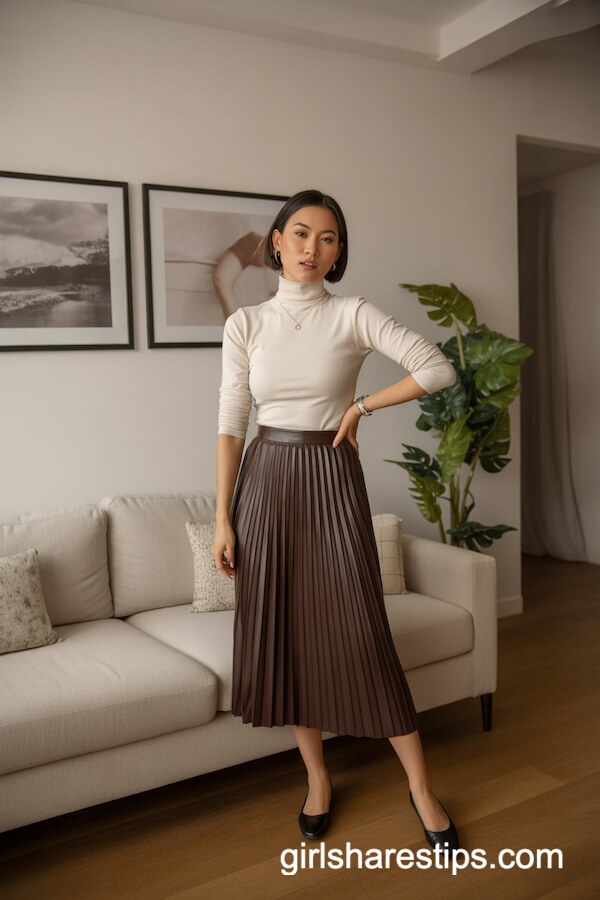 Cream Turtleneck with Brown Pleated Midi Skirt