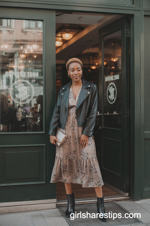 Floral Midi Dress with Leather Jacket