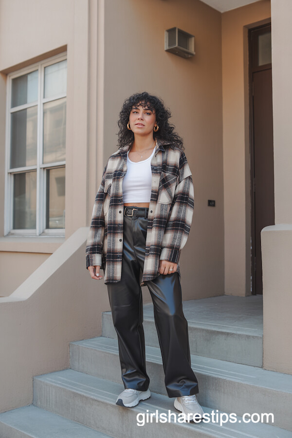 Oversized Flannel with Faux Leather Pants