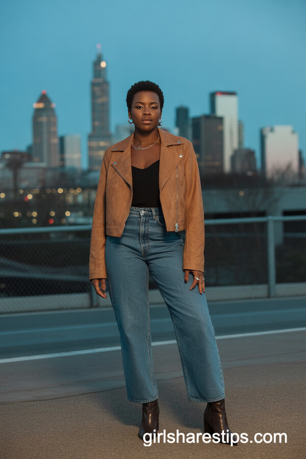 Tan Suede Moto Jacket and Jeans