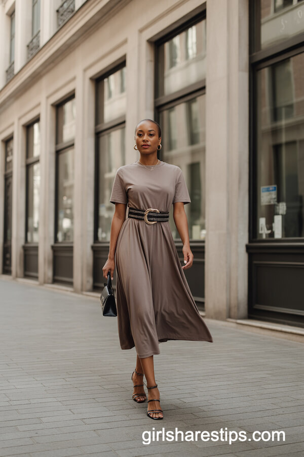 Taupe Midi Dress with Statement Belt