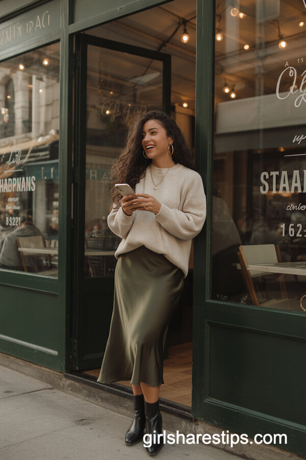 Chunky Knit Sweater with Green Midi Skirt