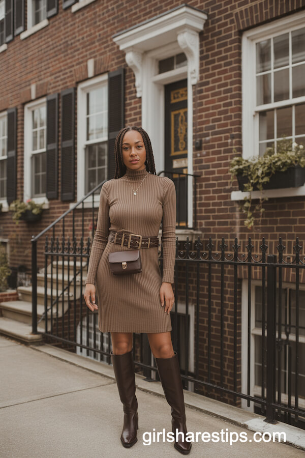 Tan Ribbed Knit Dress with Knee-High Boots