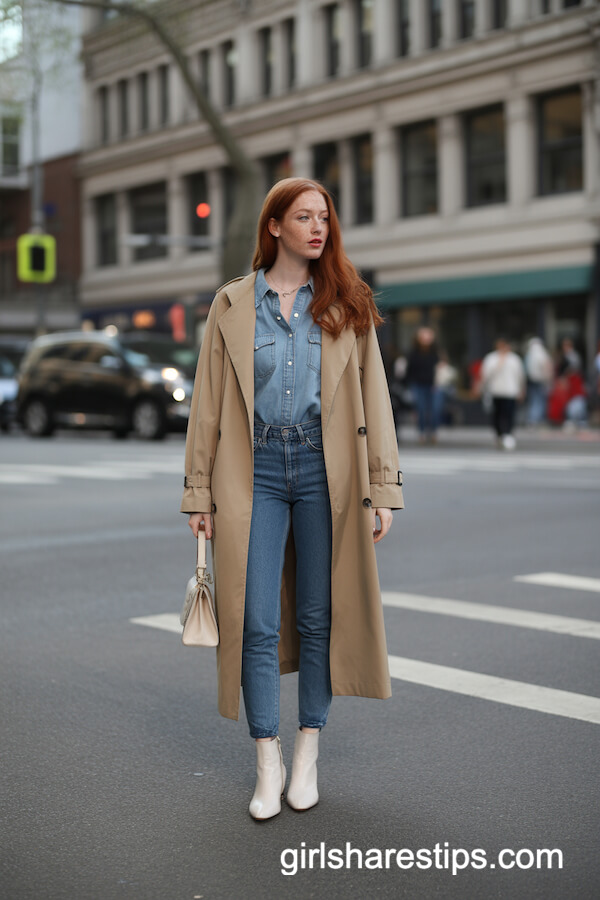 Beige Trench over Denim on Denim