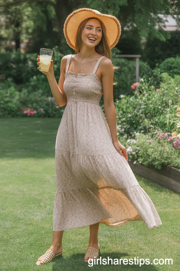 Pastel Floral Maxi Dress and Straw Sunhat for a Breezy Garden Party Look