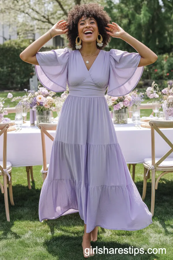 Lavender Flowy Maxi Dress with Gold Earrings for a Romantic Garden Party Flair