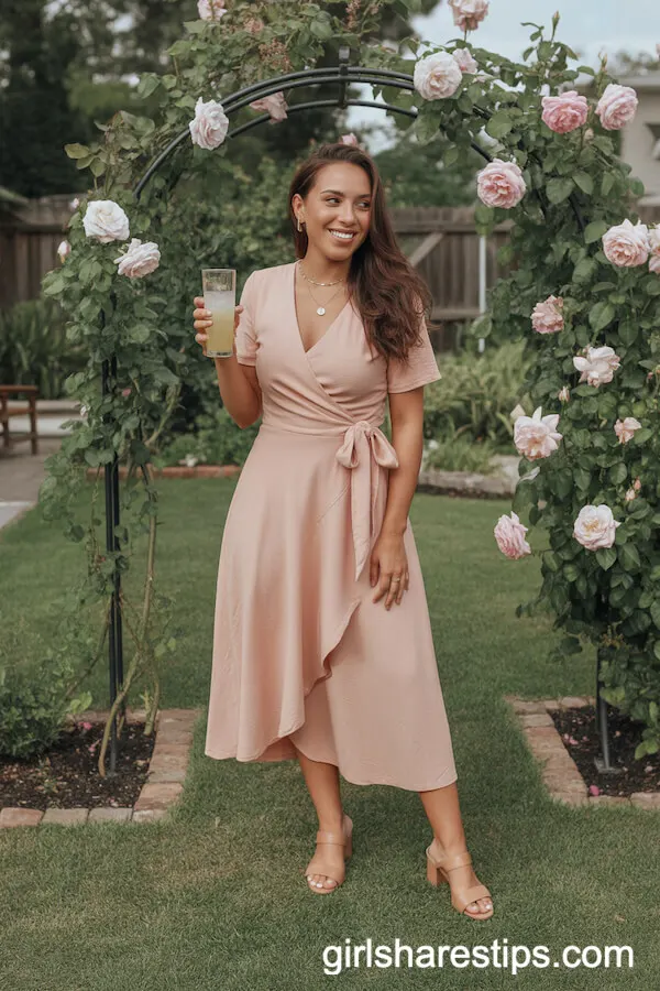 Peach Wrap Midi Dress with Waist Tie for Feminine Backyard Style