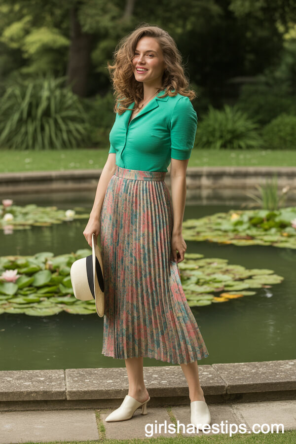 Colorful Floral Pleated Midi Skirt and Emerald Top for a Vibrant Garden Outfit