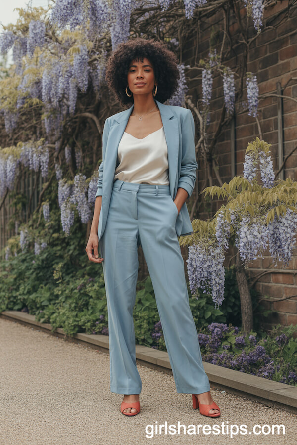 Powder Blue Tailored Pantsuit and Coral Heels for Confident Spring Sophistication