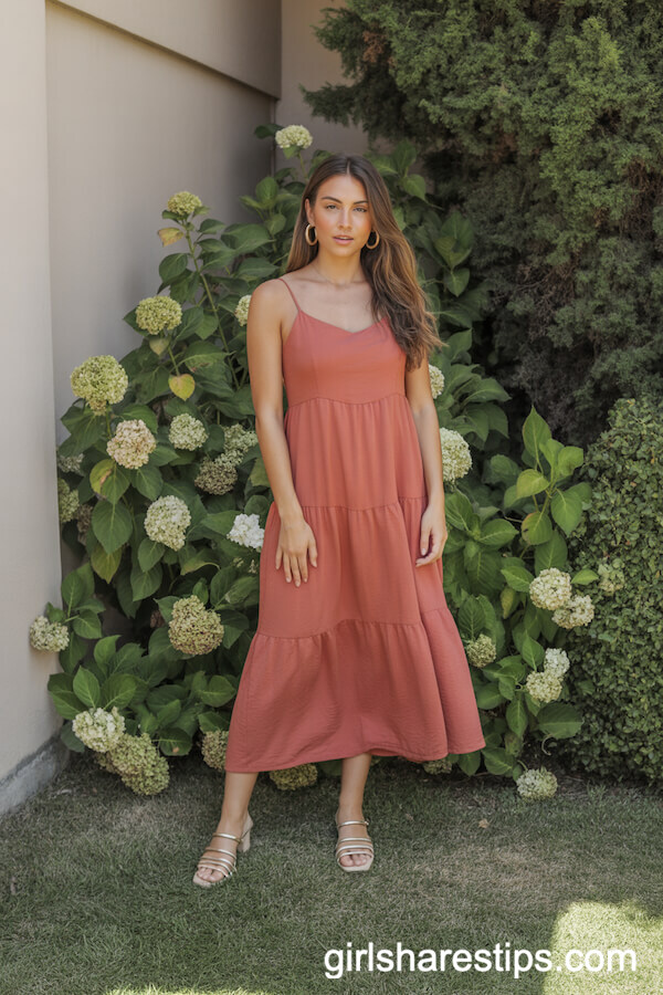 Coral Tiered Midi Dress with Gold Hoops for Effortless Garden Glamour