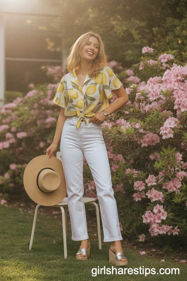 White High-Rise Jeans and Lemon Print Blouse for a Fun Summer Statement