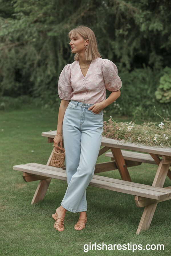 Pink Floral Puff Sleeve Blouse and Wide-Leg Jeans for a Fresh Picnic Party Style