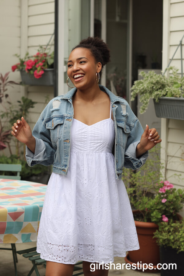 White Eyelet Sundress Layered with a Denim Jacket for Effortless Charm