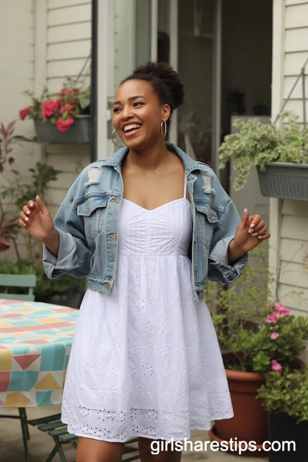 White Eyelet Sundress Layered with a Denim Jacket for Effortless Charm