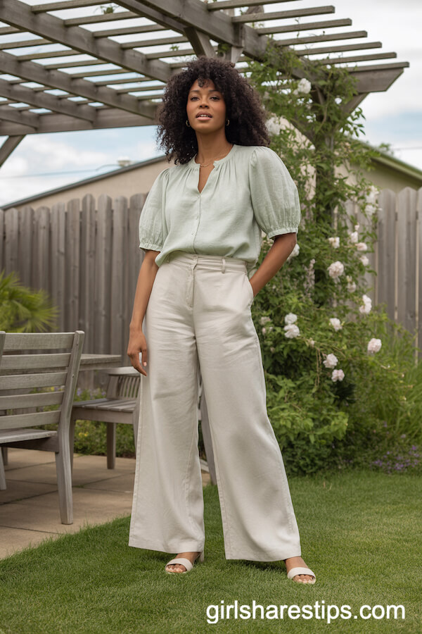 Ivory Linen Wide-Leg Pants and Mint Puff Sleeve Blouse for Relaxed Polished Style