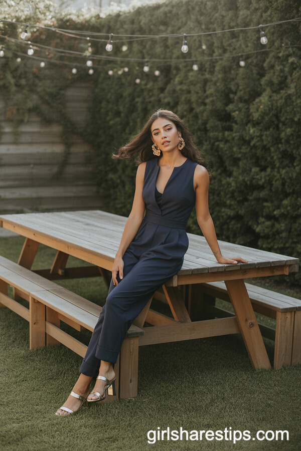 Navy Sleeveless Jumpsuit with Statement Earrings for Chic Outdoor Gatherings