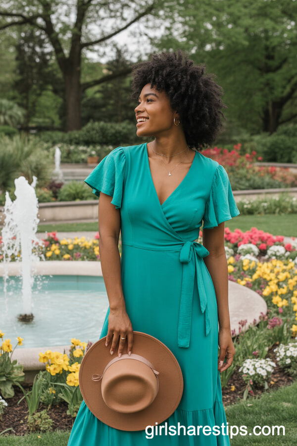 Teal Flutter Sleeve Wrap Dress with Floppy Sun Hat for Classic Garden Sophistication