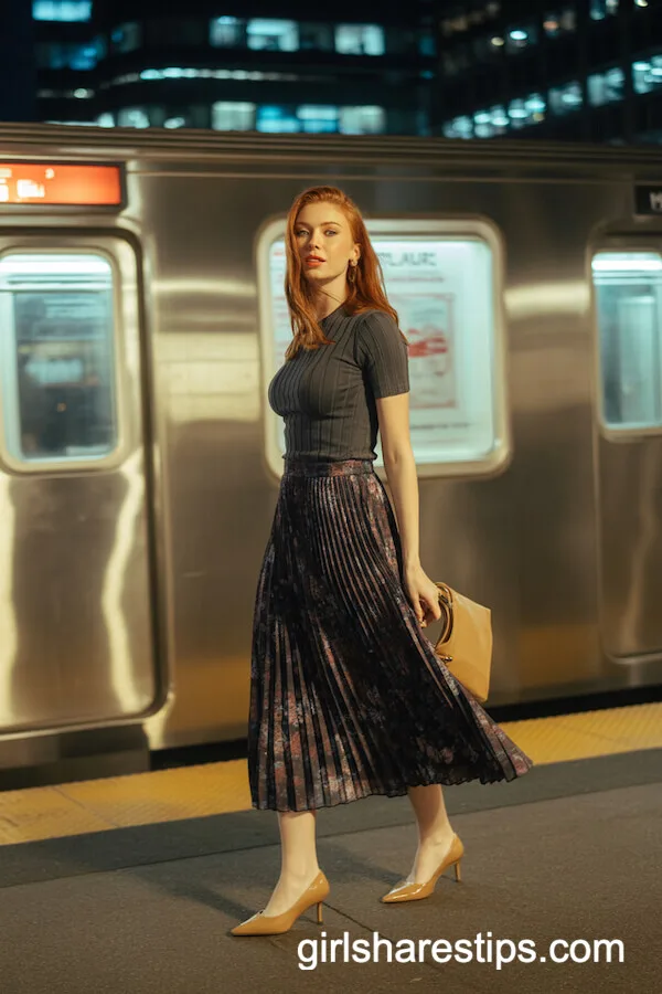 Pleated Floral Skirt with Fitted Black Knit Top