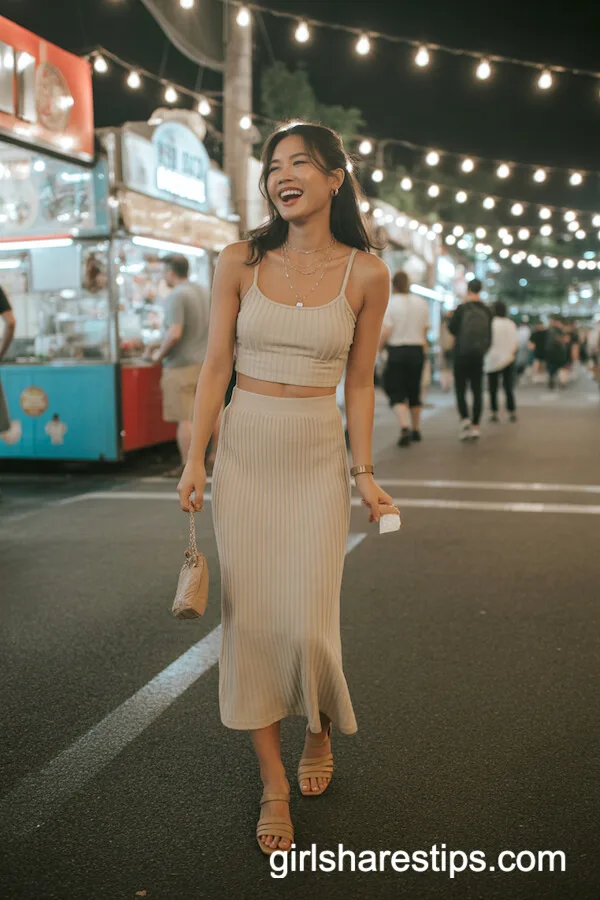 Beige Two-Piece Set with Strappy Sandals