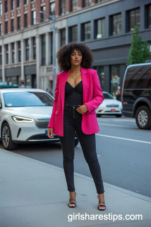 Fuchsia Blazer over Black Bodysuit and Skinny Jeans