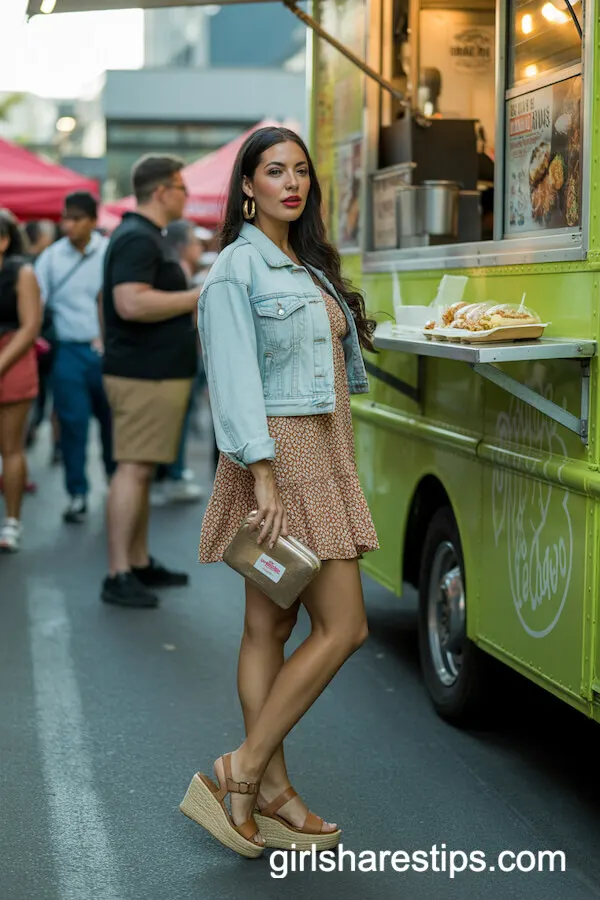 Ditsy-Print Mini Dress with Cropped Denim Jacket