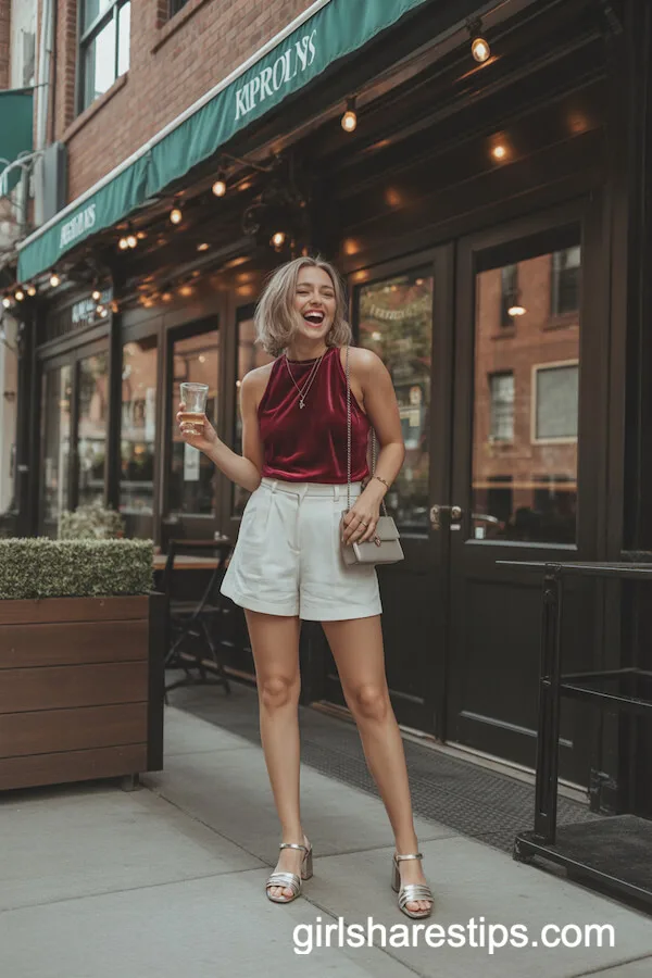 Jewel-Tone Velvet Top with Tailored Shorts