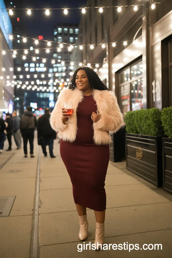 Wine-Colored Midi Dress with Cream Faux Fur Jacket