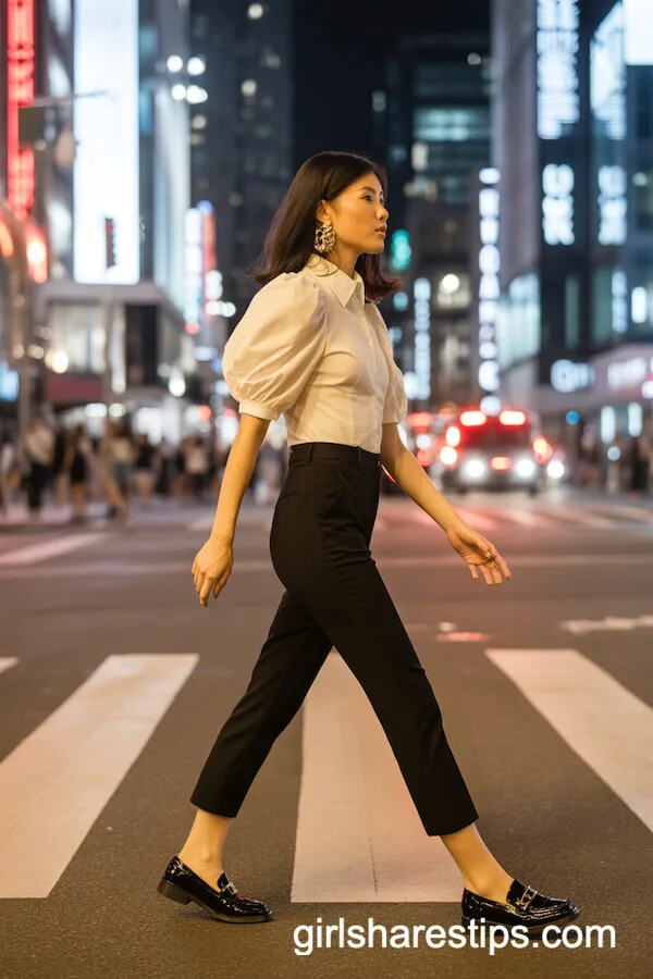 Ivory Puff-Sleeve Blouse with Black Cropped Trousers