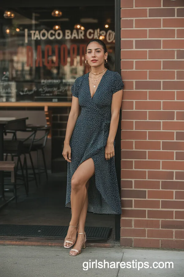 Navy Polka Dot Wrap Dress with Layered Necklaces