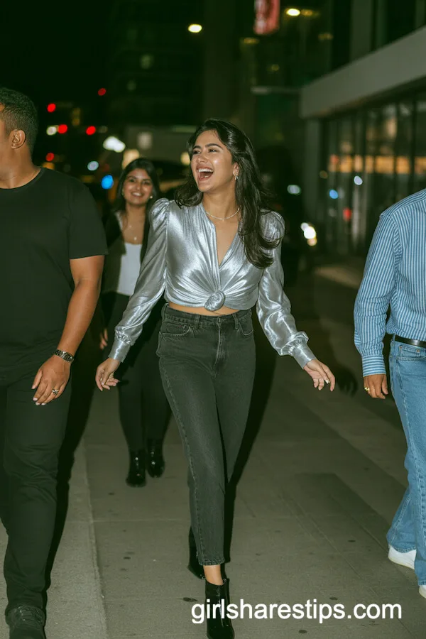 Silver Metallic Blouse with High-Rise Dark Jeans