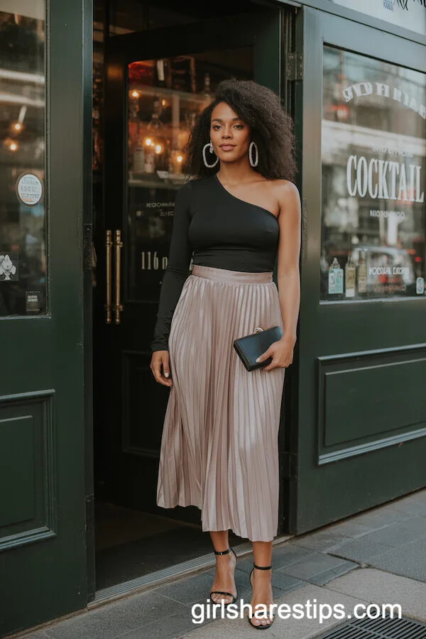 Black One-Shoulder Top with Blush Pleated Midi Skirt