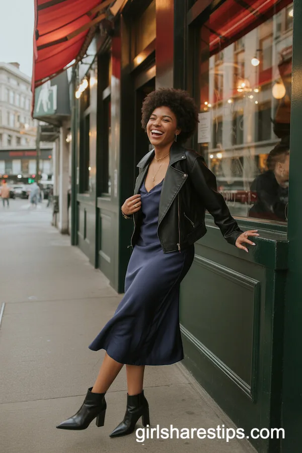 Navy Slip Dress and Leather Jacket Combo