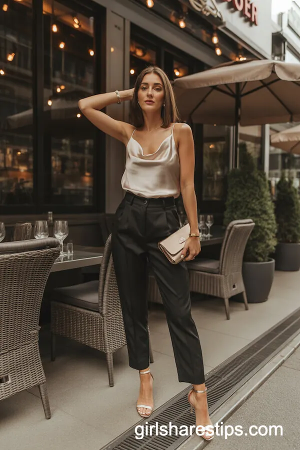 Champagne Satin Camisole with High-Waisted Black Pants