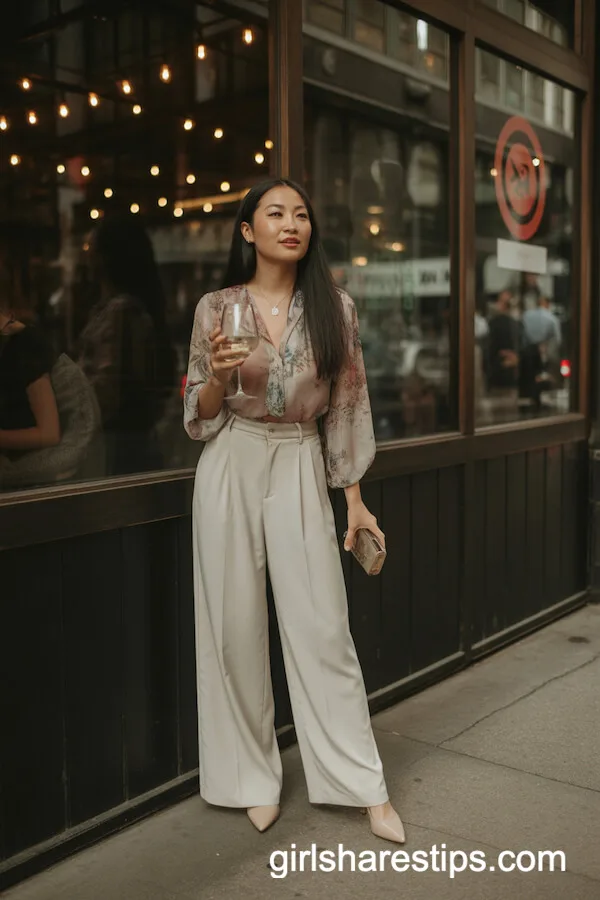 Flowy Floral Chiffon Blouse with Ivory Wide-Leg Trousers