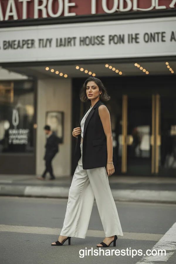 Black Vest Top with White Wide-Leg Pants