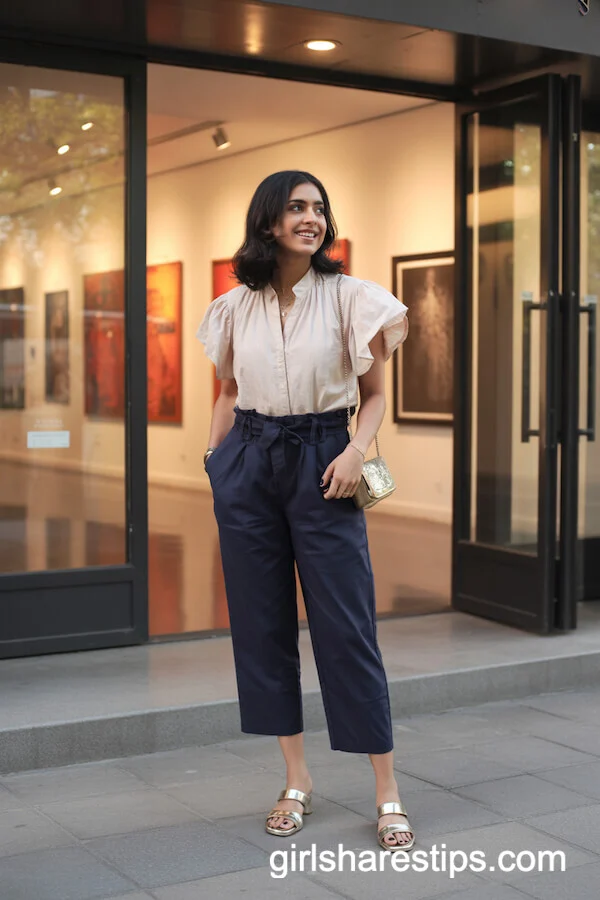 Cream Ruffled Blouse with Paperbag-Waist Navy Trousers