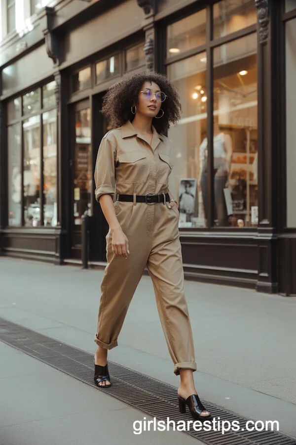 Tan Utility Jumpsuit with Heeled Mules