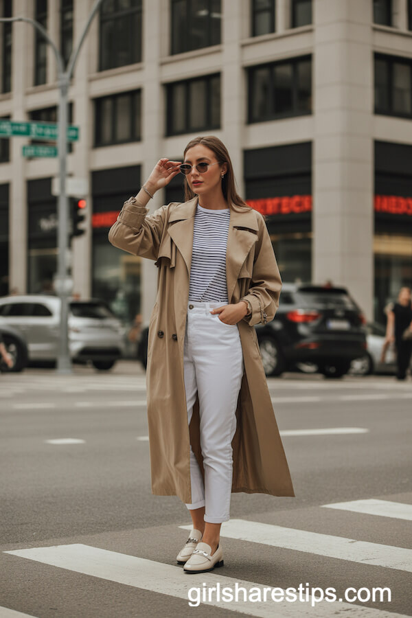 Sand Trench Coat with White Ankle Pants