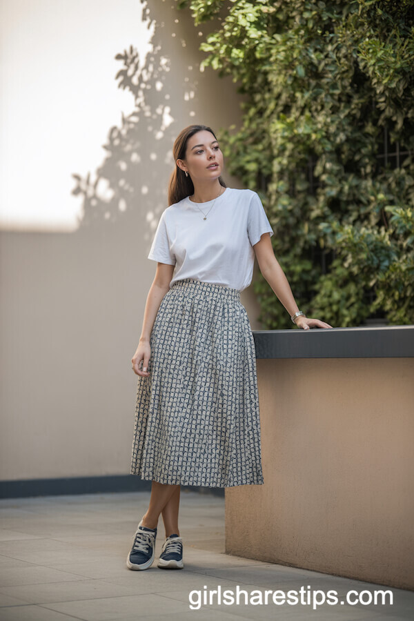 Geometric Print Midi Skirt White Tee