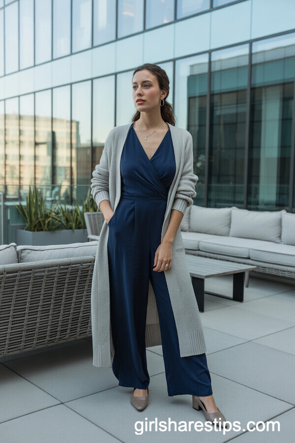 Navy Wrap Jumpsuit with Cardigan