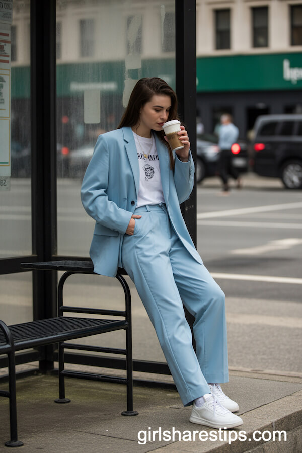 Pastel Blue Relaxed-Fit Suit and Sneakers