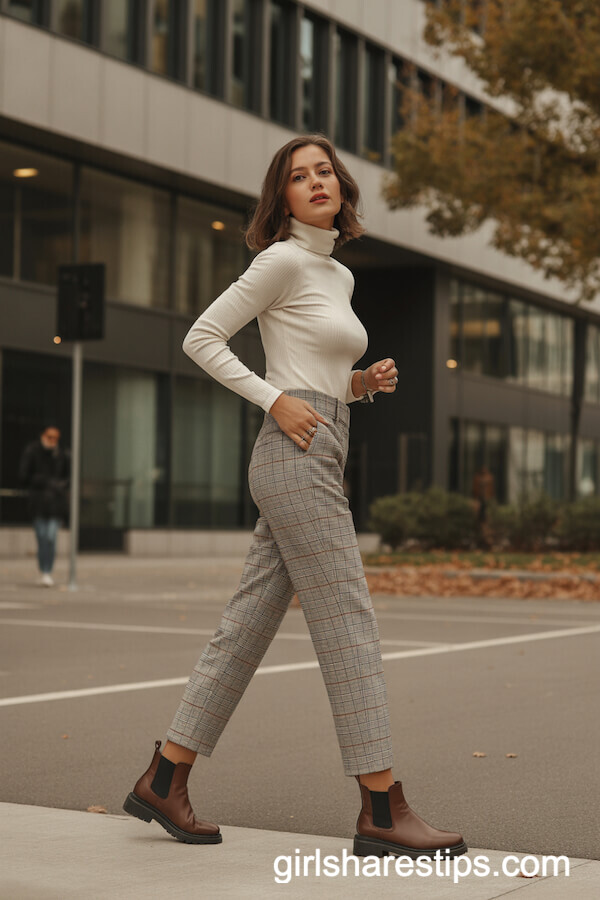 Cream Turtleneck and Plaid Ankle Pants