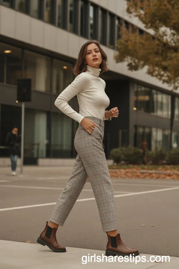 Cream Turtleneck and Plaid Ankle Pants